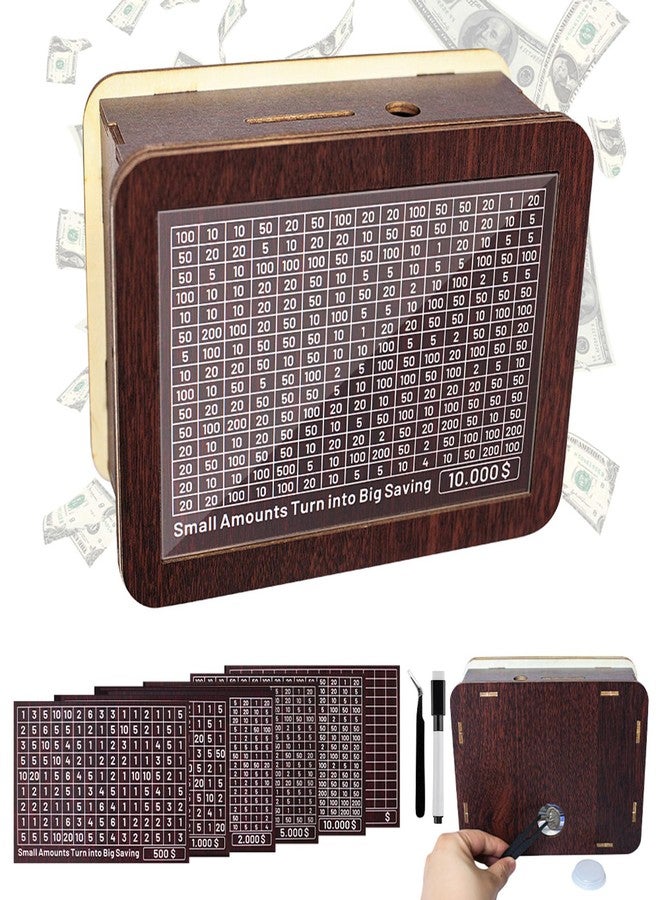 ZRW Cash Vault Wooden Savings Box,Wooden Money Saving Box,Wooden Money Box with 8 Saving Targets,Reusable Money Box with Counter, Cash Vault Bank with Dry Erase Pen/Rubber Band(Brown) - Image 1